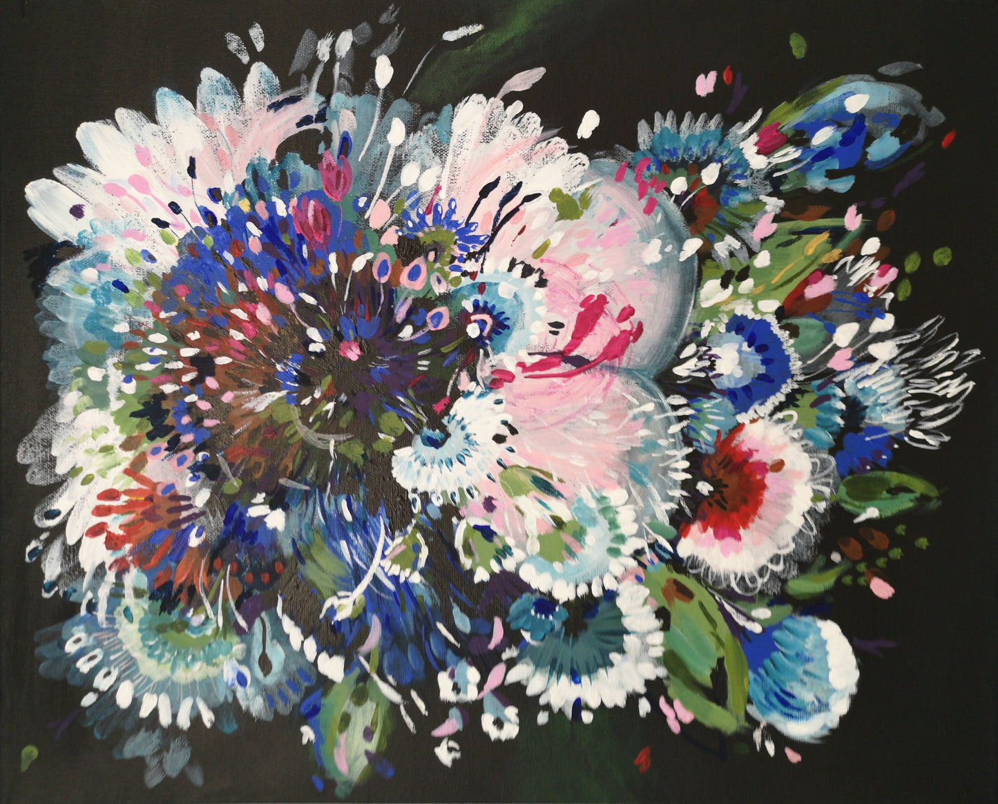 Enchanting Original Abstract painting inspired by flowers blooming. This painting is called Floral Night Garden 1 and is bright and colourful on a dark background to create contrast. By Judy Century Art on Canvas.