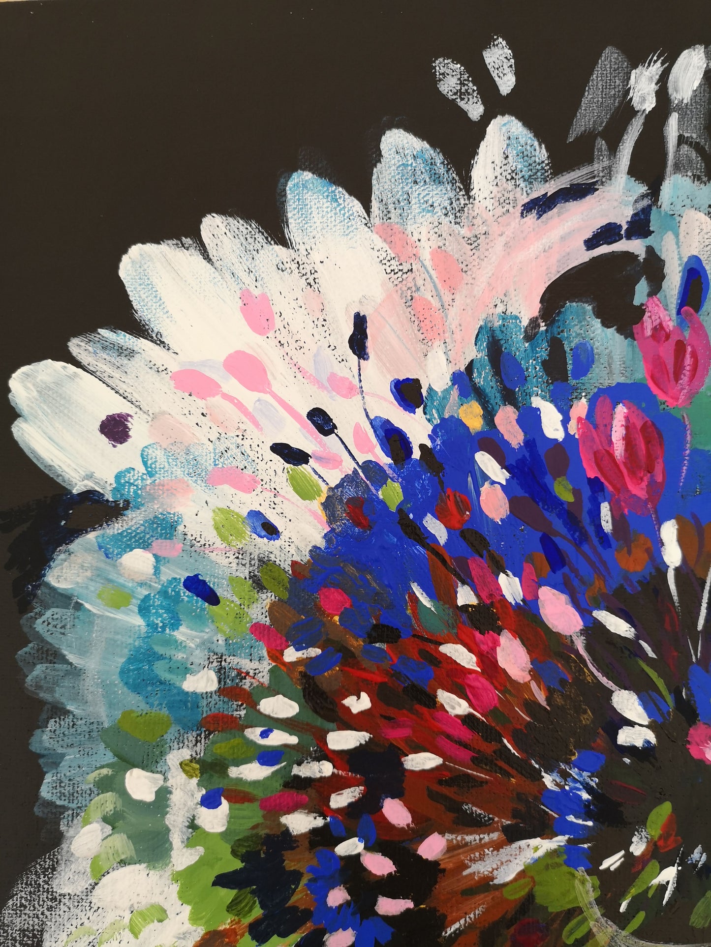 Close up of Judy Century painting Floral Night Garden 1 on black background, showing white, pink, blue and green floral details.