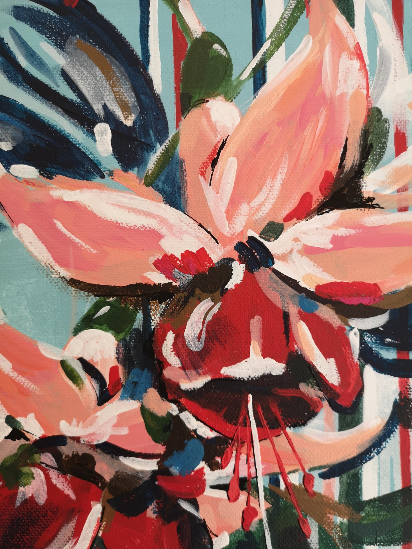 close up details of abstract floral artwork by Judy Century. Details of an expressive fuscia flower in reds, peach pinks and brown