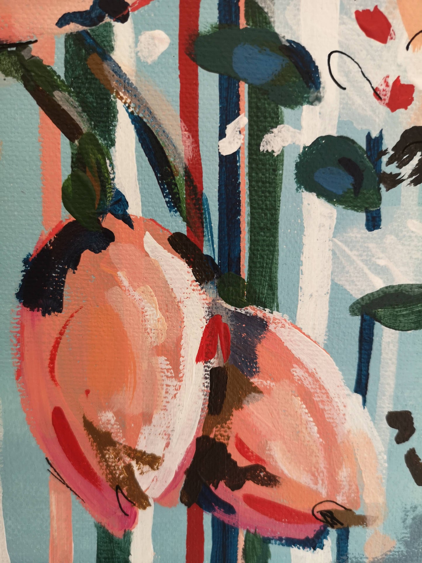 Segment from paradise falls acrylic canvas painting for sale by Judy Century showing peach buds