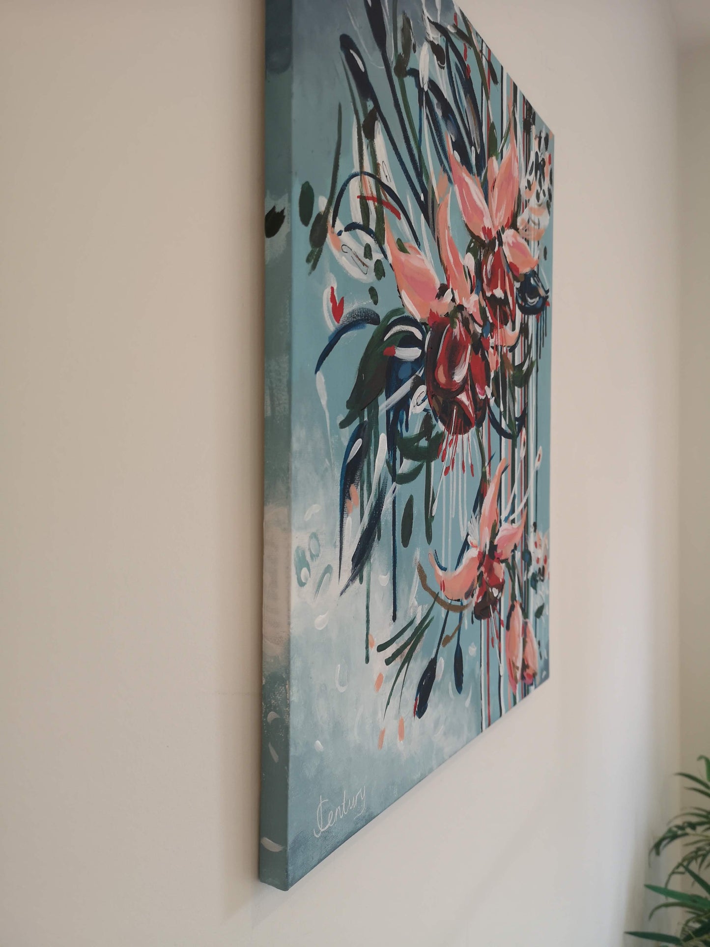 Side view of Blue and pink original canvas painting by Judy Century Art showing the design wrapped around the canvas edge