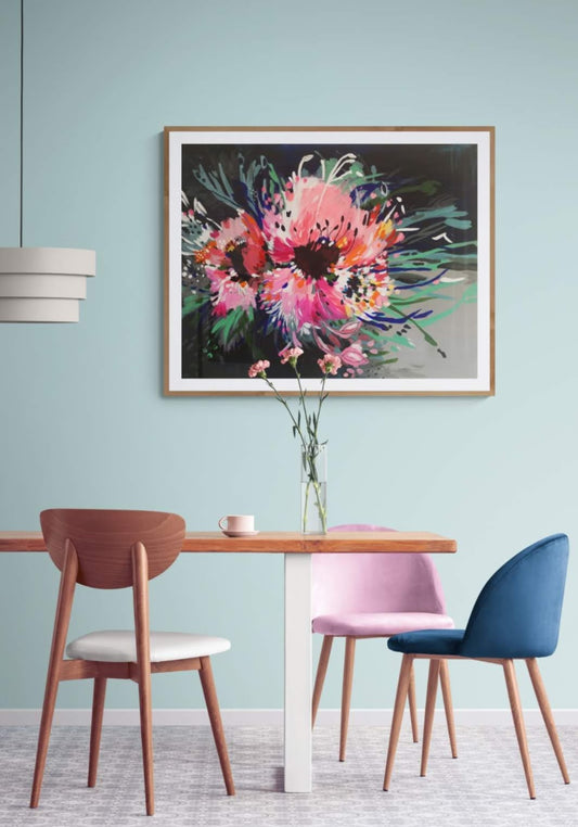 Art Print of Abstract Flower Painting on canvas, hanging on pale blue wall above dining table, by Judy Century.
