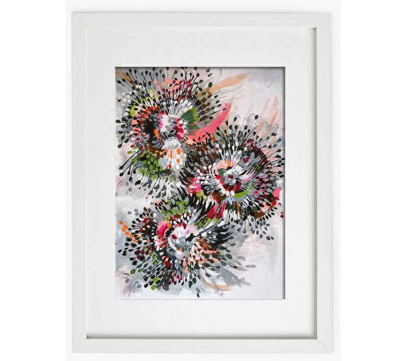 Original Acrylic painting on paper by Judy Century Art. Inspired by flowers, this painting is full of movement and energy, called spokes and spikes. Featuring grey, green, pink, black, brown, peach and white. Featured in white frame.
