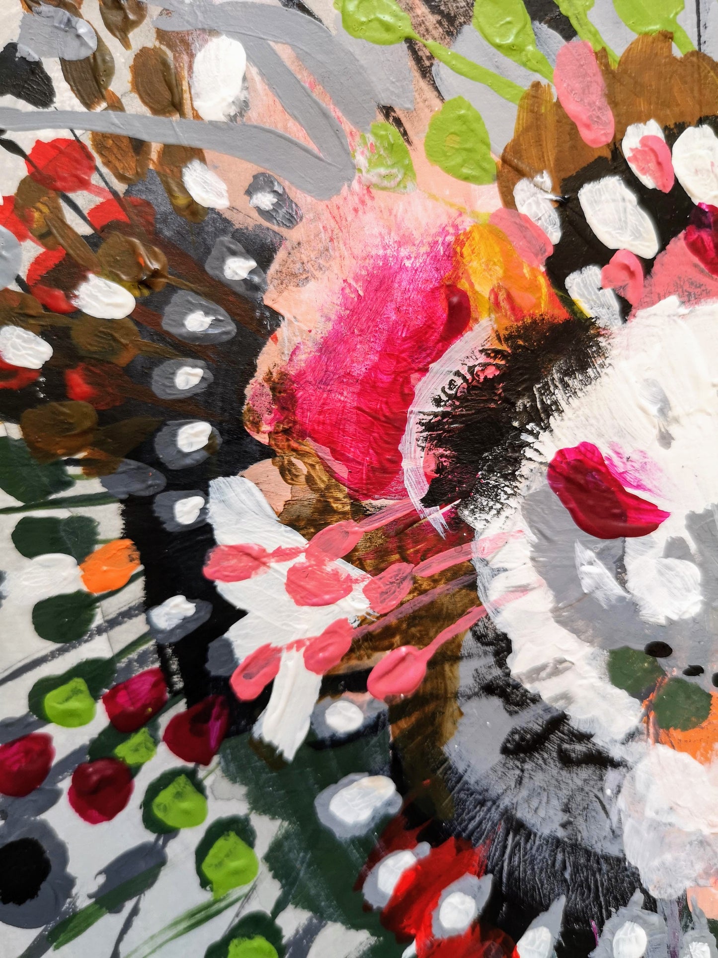 Close up of original acrylic 'spokes and spikes' painting by Judy Century Art. Swirls of floral inspired shapes in green, grey, black, pink, orange, white and brown.