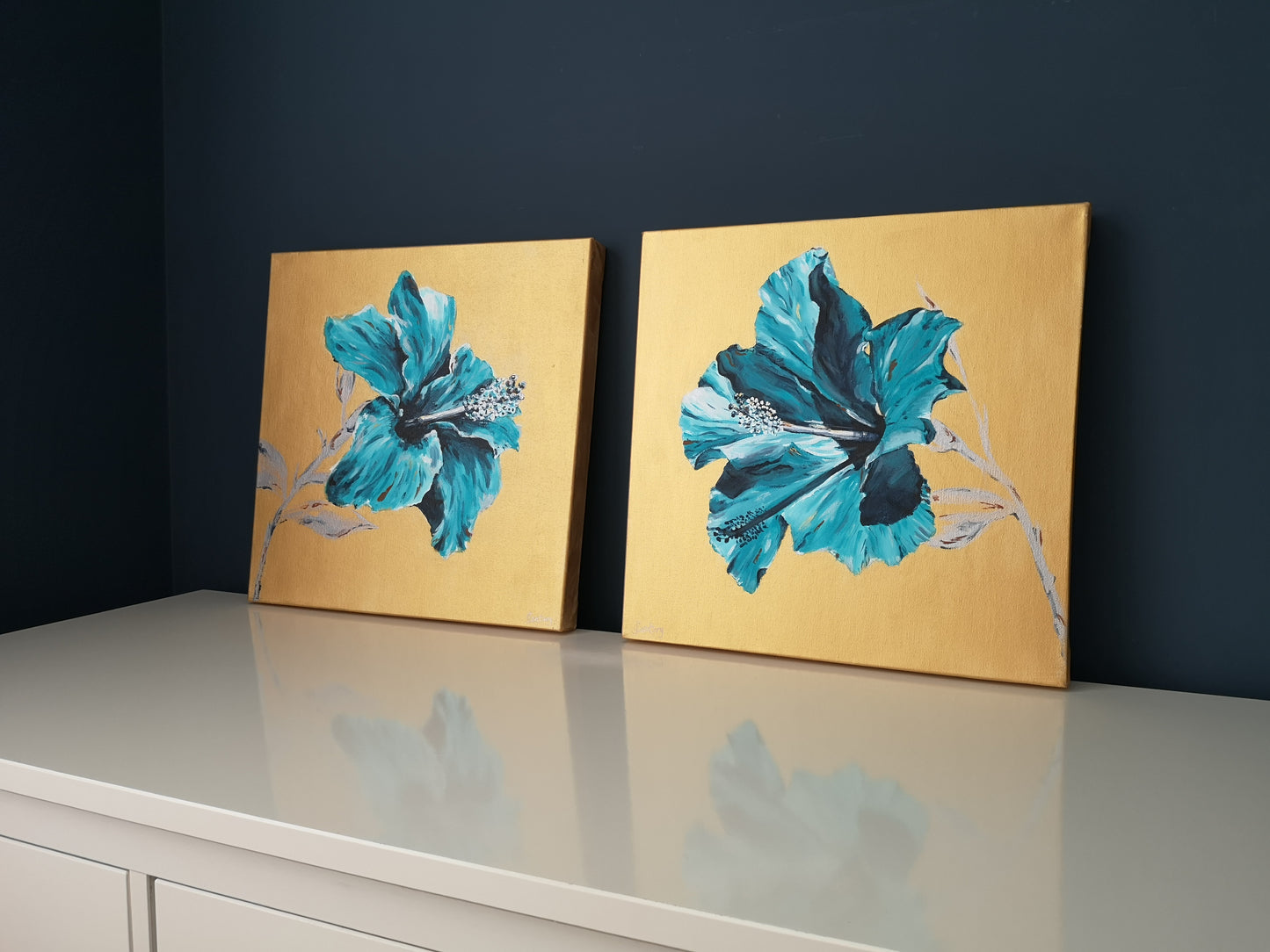 Pair of contemporary gold and blue floral paintings by Judy Century Art