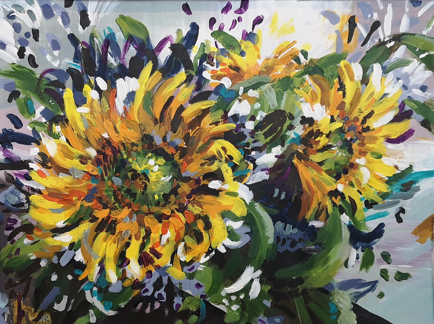 Expressive Sunflower painting on paper by Judy Century Art. Yellow, green, turquoise and purple wall art.