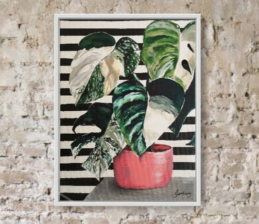 Plant painting, variegated Monstera cheese plant acrylic painting on A4 canvas with bold black and white striped pattern background. Interior inspiration for gallery wall hanging on pale brick wall