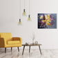 Daffodil, Flower painting, acrylic canvas artwork, abstract floral, yellow, pink, maroon, blue, black, grey, judy century art, canvas, original painting, in situ, yellow mustard armchair with hanging pendant lights, interior design, spring blooms