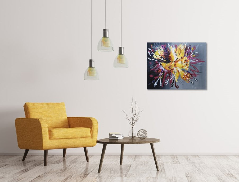 Daffodil, Flower painting, acrylic canvas artwork, abstract floral, yellow, pink, maroon, blue, black, grey, judy century art, canvas, original painting, in situ, yellow mustard armchair with hanging pendant lights, interior design, spring blooms