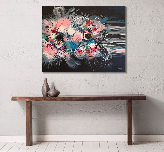 Colourful Original Abstract Floral Painting and Art print by Judy Century Art. Black, Pink Blue, white contemporary statement home decor