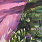 Close up of woodland scene painting by Judy Century Art 'Once upon a woodland walk' featuring grassy reeds, purple path and shady grass.