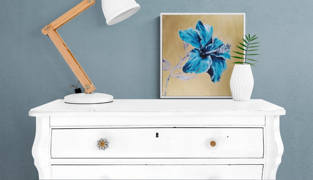 Original modern floral painting gold turquoise canvas wall art by Judy Century