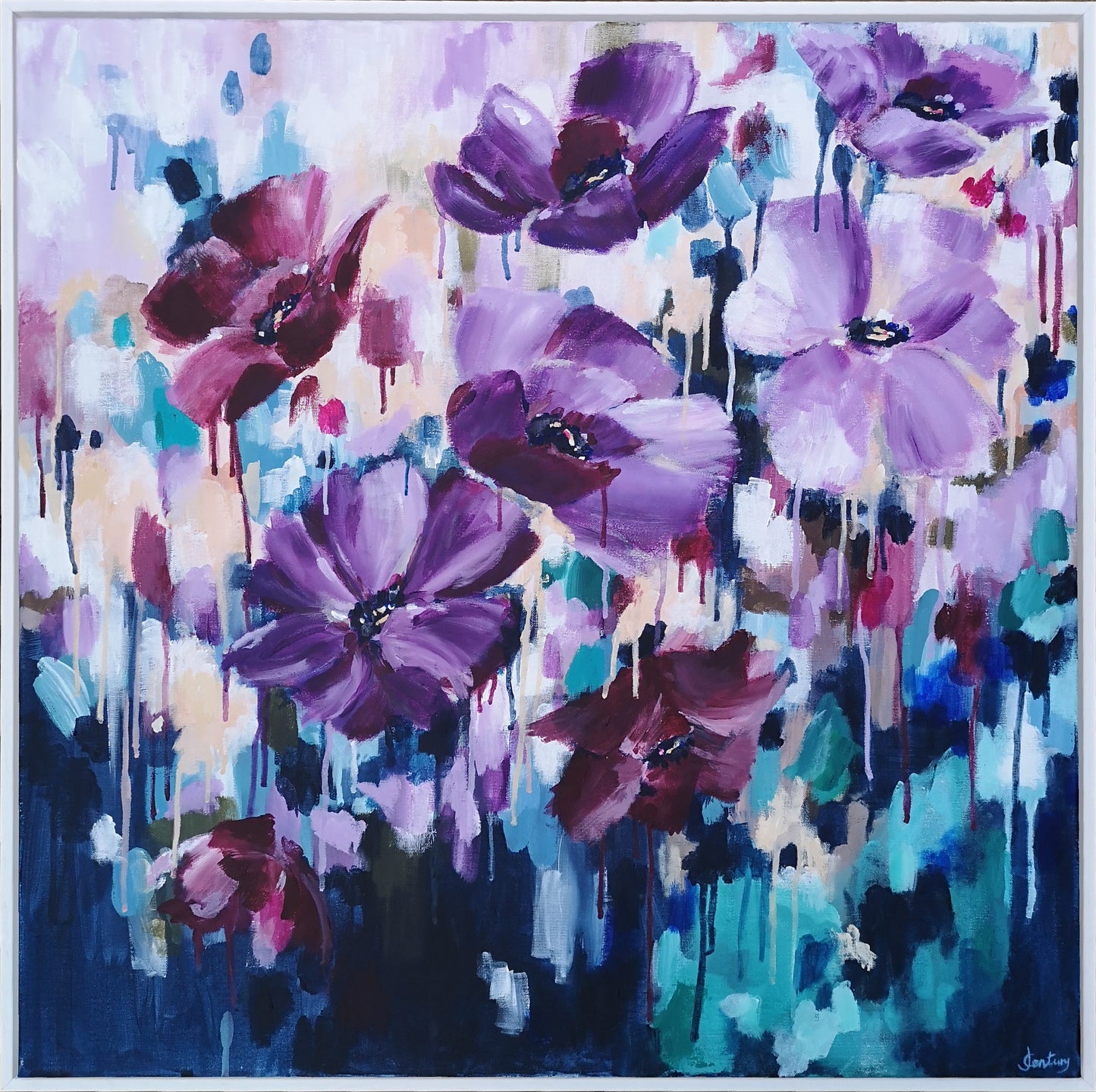 Original Large Abstract Floral Canvas painting, contemporary peach, purple, navy, maroon and teal. Framed in white tray frame.