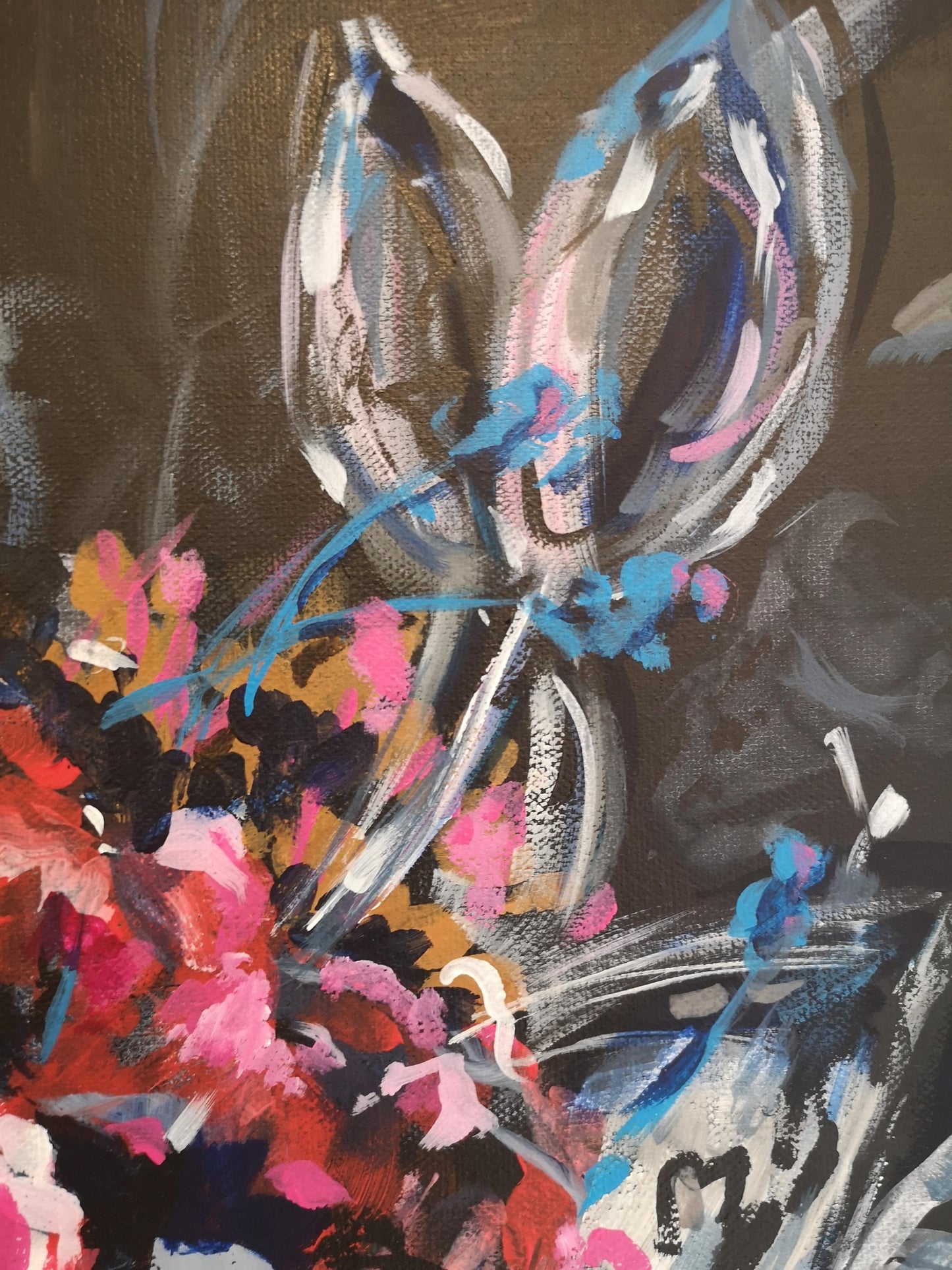 Details from Contemporary Abstract Floral Pansy painting on dark background by Judy Century Art