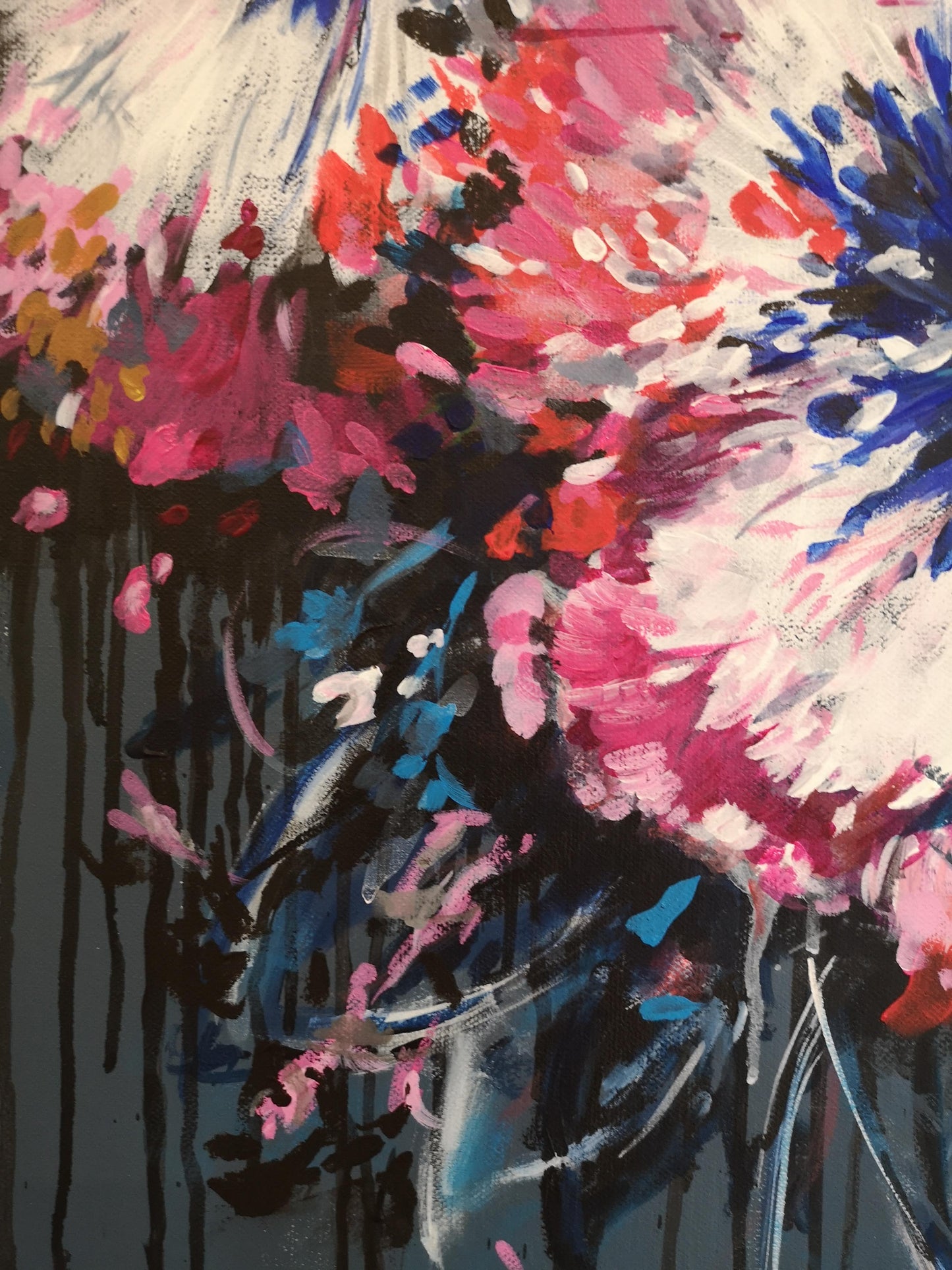 Close up details of Contemporary Abstract Floral Pansy painting on dark background by Judy Century Art
