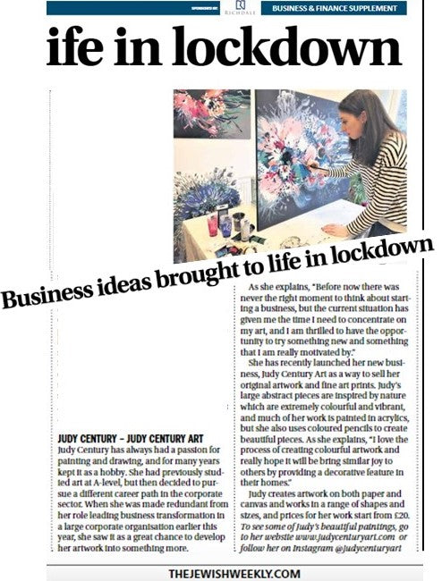 Newspaper feature of Judy Century Art in the press discussing new business set up during lockdown