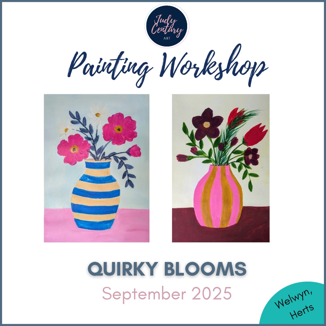 Promotional image for a painting workshop titled 'Quirky Blooms' with colorful flower vase paintings.