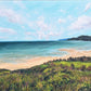 Scenic painting of a beach with greenery and mountains in the distance.