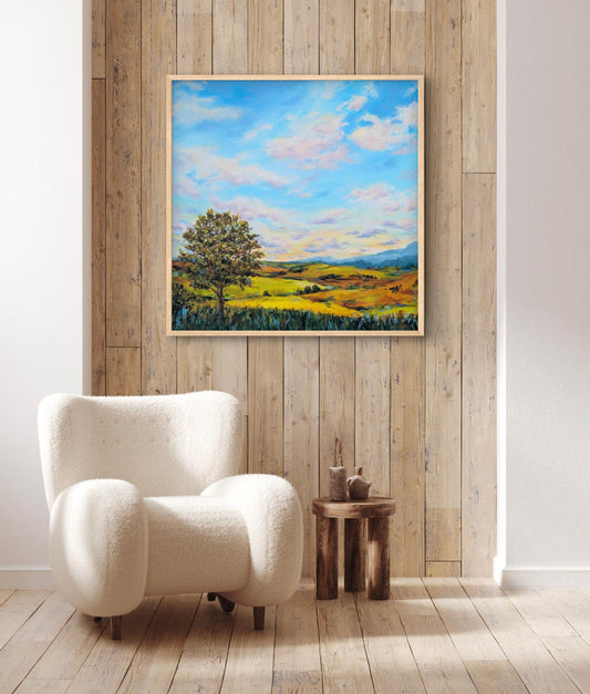 Large contemporary sunset landscape painting with abstract countryside scene and large oak tree for sale