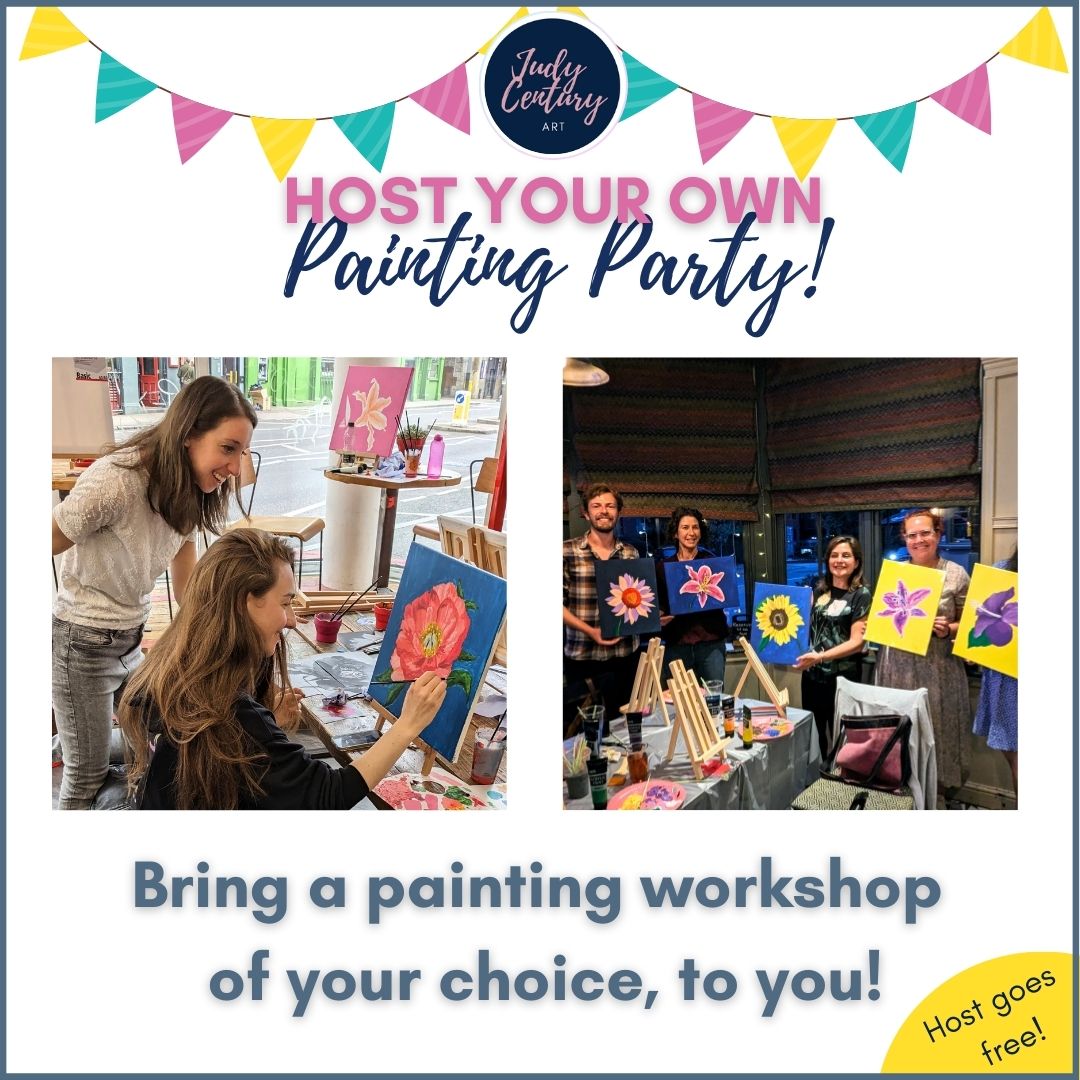 Painting party art classes at your home. Fun social celebrations with friends. Paint a canvas together with artist Judy Century.