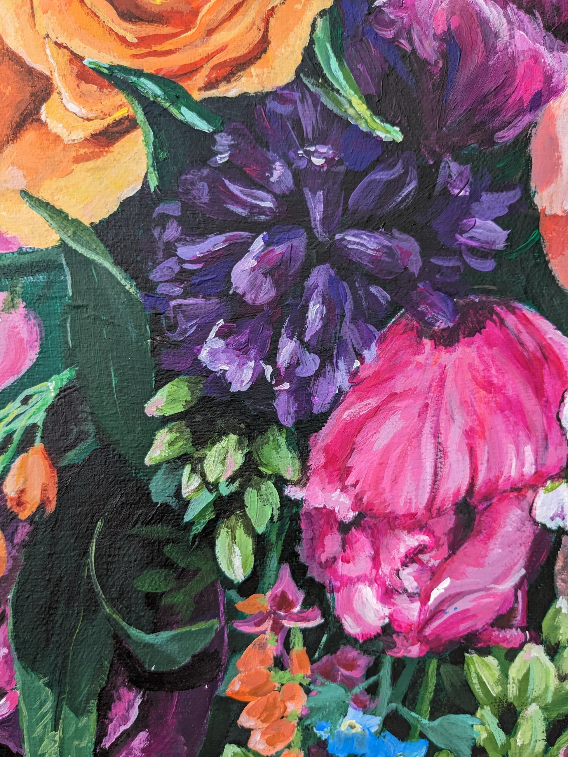 Close up floral details of Colourful flower bouquet original painting large canvas by Judy Century
