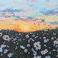 Large daisy landscape painting with sunset sky and atmospheric clouds. Original canvas art by Judy Century