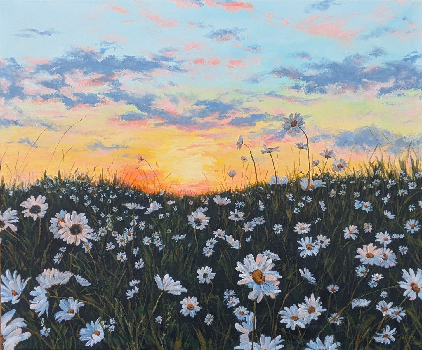 Large daisy landscape painting with sunset sky and atmospheric clouds. Original canvas art by Judy Century