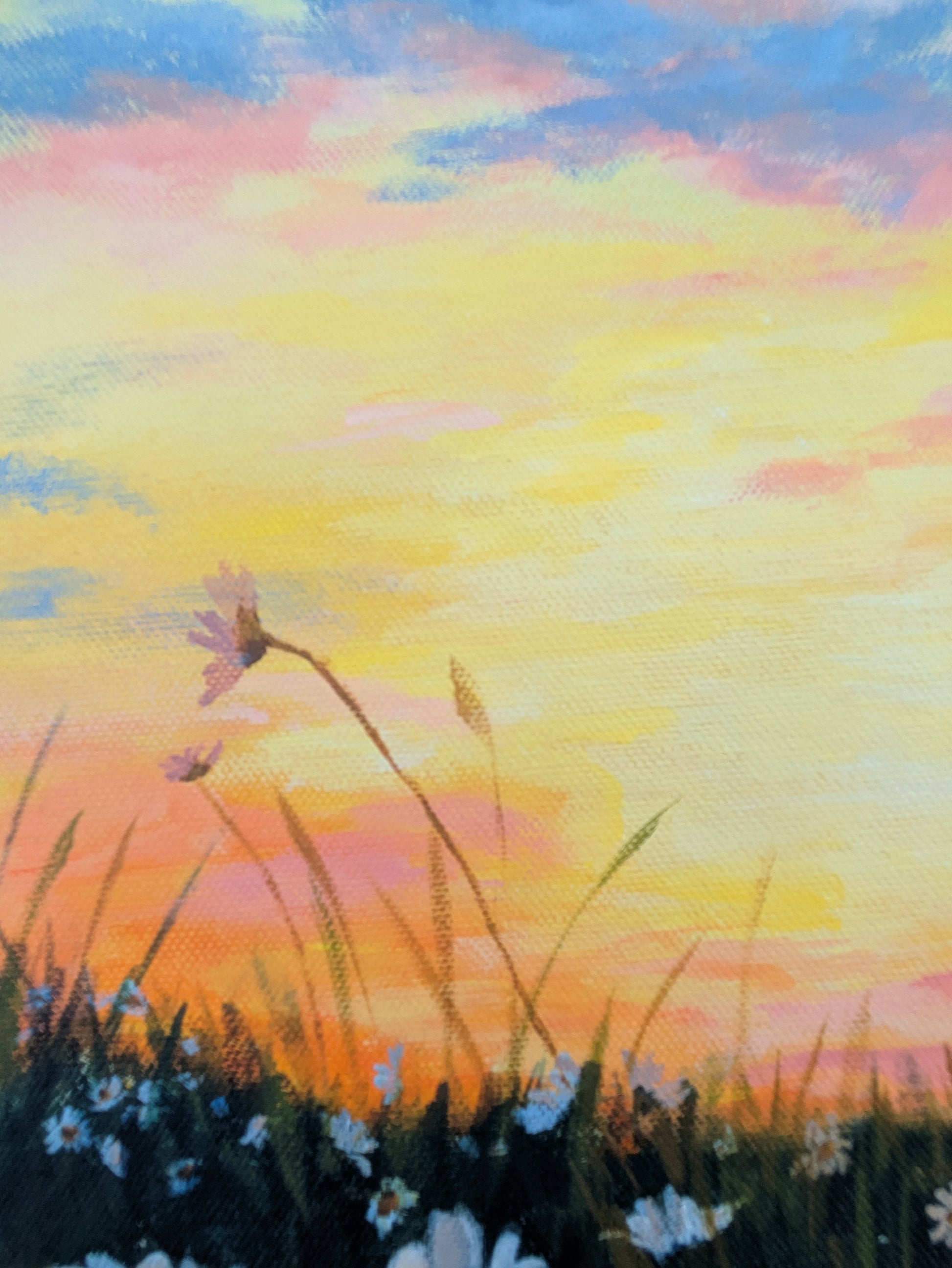 Details of pink, yellow and blue sunset sky painting from large daisy field landscape canvas by Judy Century Art