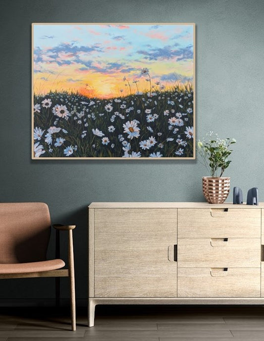 Wild daisy field landscape painting. Large original canvas painting by Judy Century Art for your living room, bedroom, home décor