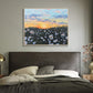 Large daisy sunset landscape painting in modern bedroom by Judy Century