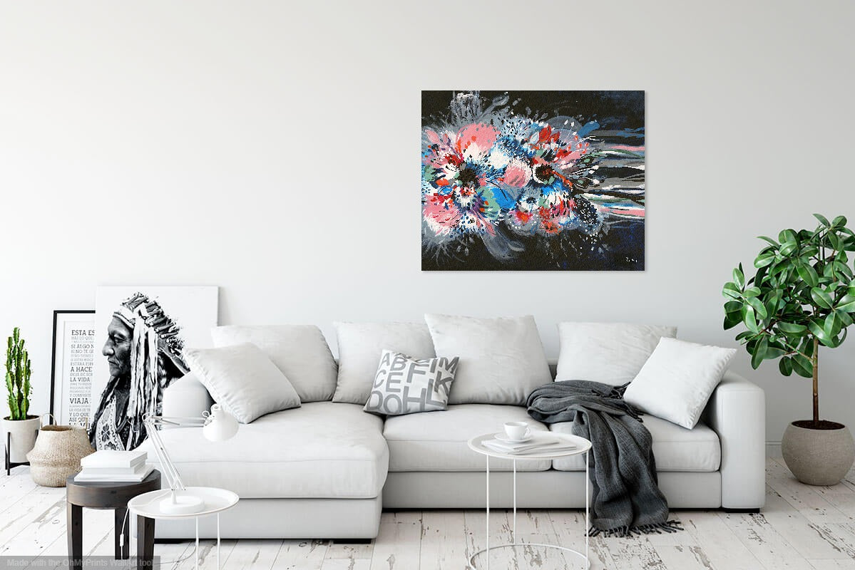 Large colourful abstract hibiscus flower acrylic painting on canvas. Original painting with bold, bright colours. Featured in living room with white couch and plant.