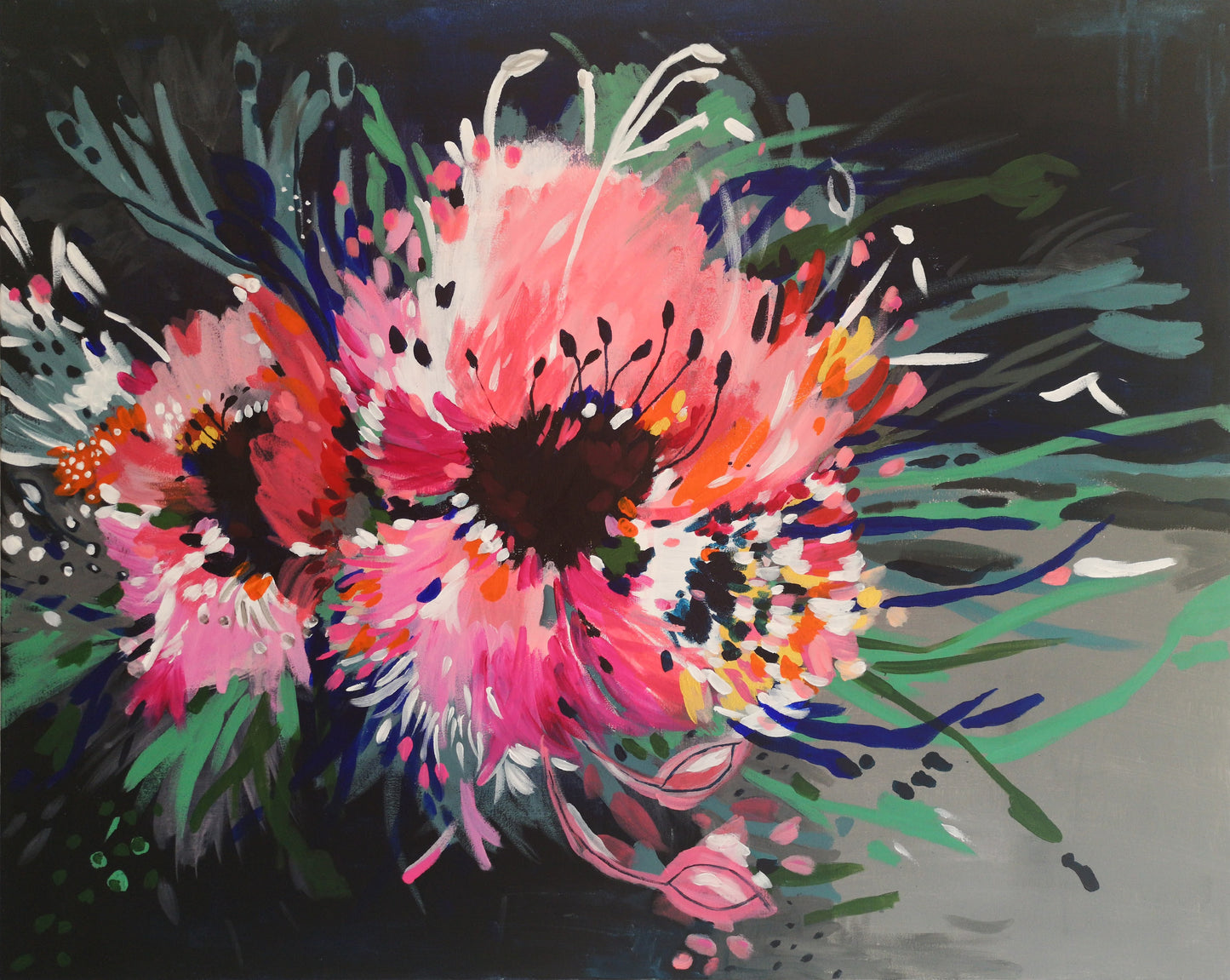 Art Print of Abstract Flower Painting featuring two large bold pink blooms bursting on the page, with contrasting lines of blue, green and white extending out to add movement. Vibrant, bold and colourful original painting by Judy Century.