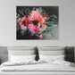 Abstract Flower Painting featuring two large bold pink blooms bursting on the page, with contrasting lines of blue, green and white extending out to add movement. Vibrant, bold and colourful original painting by Judy Century. Canvas art hanging above white bed with grey headboard. Interior decor.