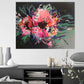 Abstract Flower Painting featuring two large bold pink blooms bursting on the page, with contrasting lines of blue, green and white extending out to add movement. Vibrant, bold and colourful original painting by Judy Century. Hanging above a grey sideboard with cushions, interior decor.