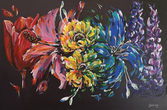 Rainbow flower painting on contrasting black background by Judy Century Art. Vibrant, colourful acrylics painting.