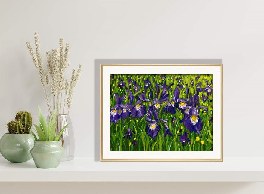 Away in the Iris Field Framed Art print by Judy Century. Original Iris field landscape painting reproduced as a fine art print and framed in gold