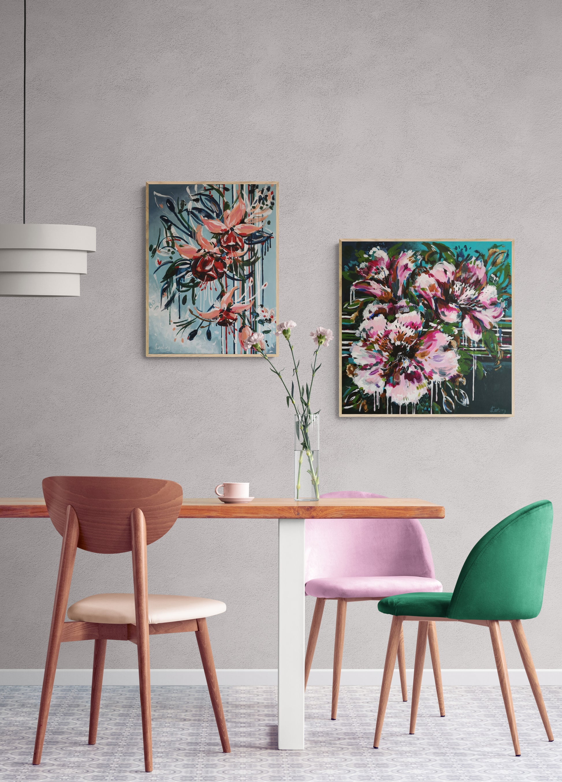 Home decor inspiration wall art ideas from Judy Century. Two abstract floral colourful paintings hanging in a dining room with multicoloured chairs