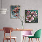 Home decor inspiration wall art ideas from Judy Century. Two abstract floral colourful paintings hanging in a dining room with multicoloured chairs