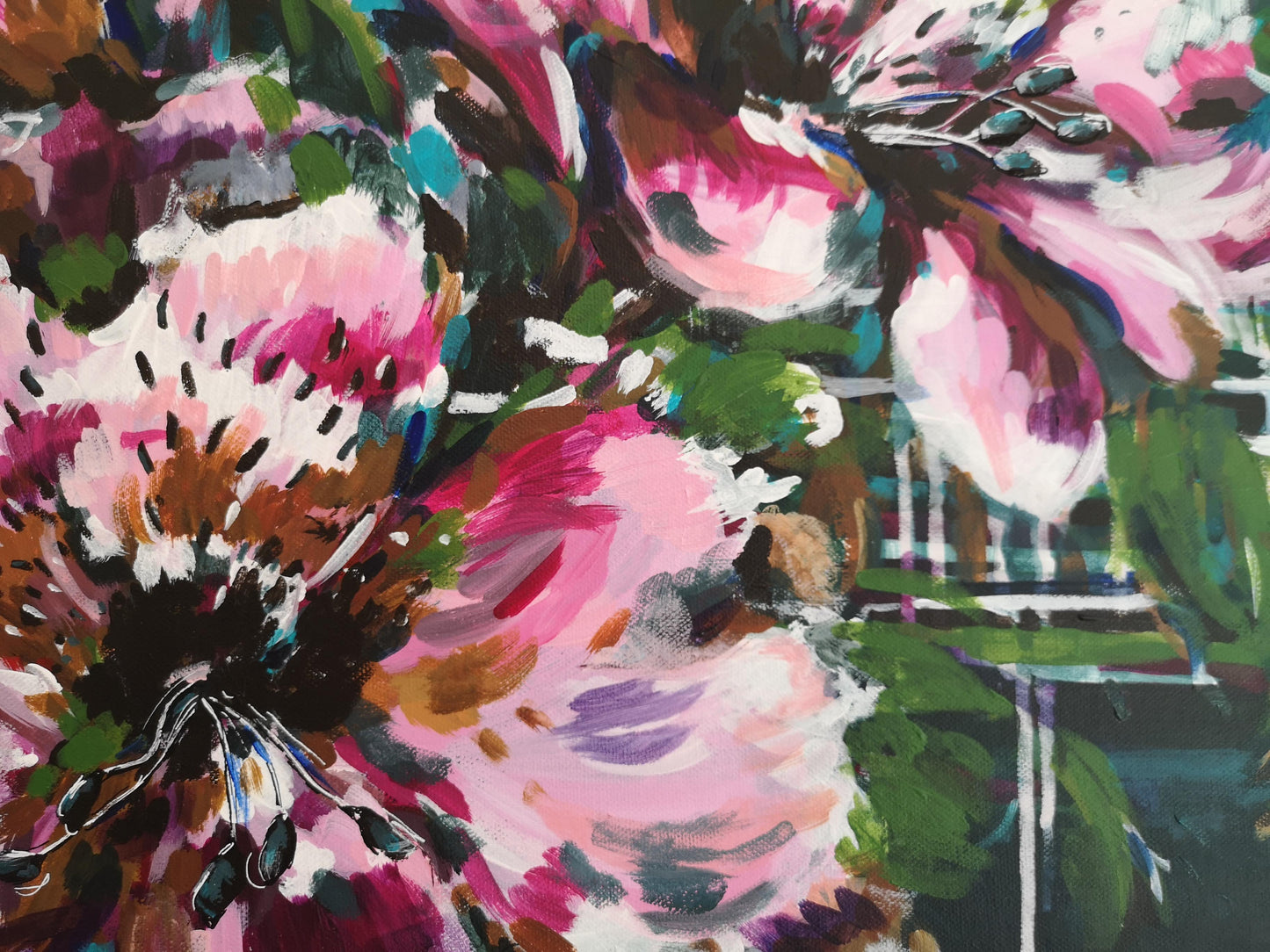 Floral close up details of colourful abstract painting by Judy Century. Expressive pinks, whites, blues and browns.