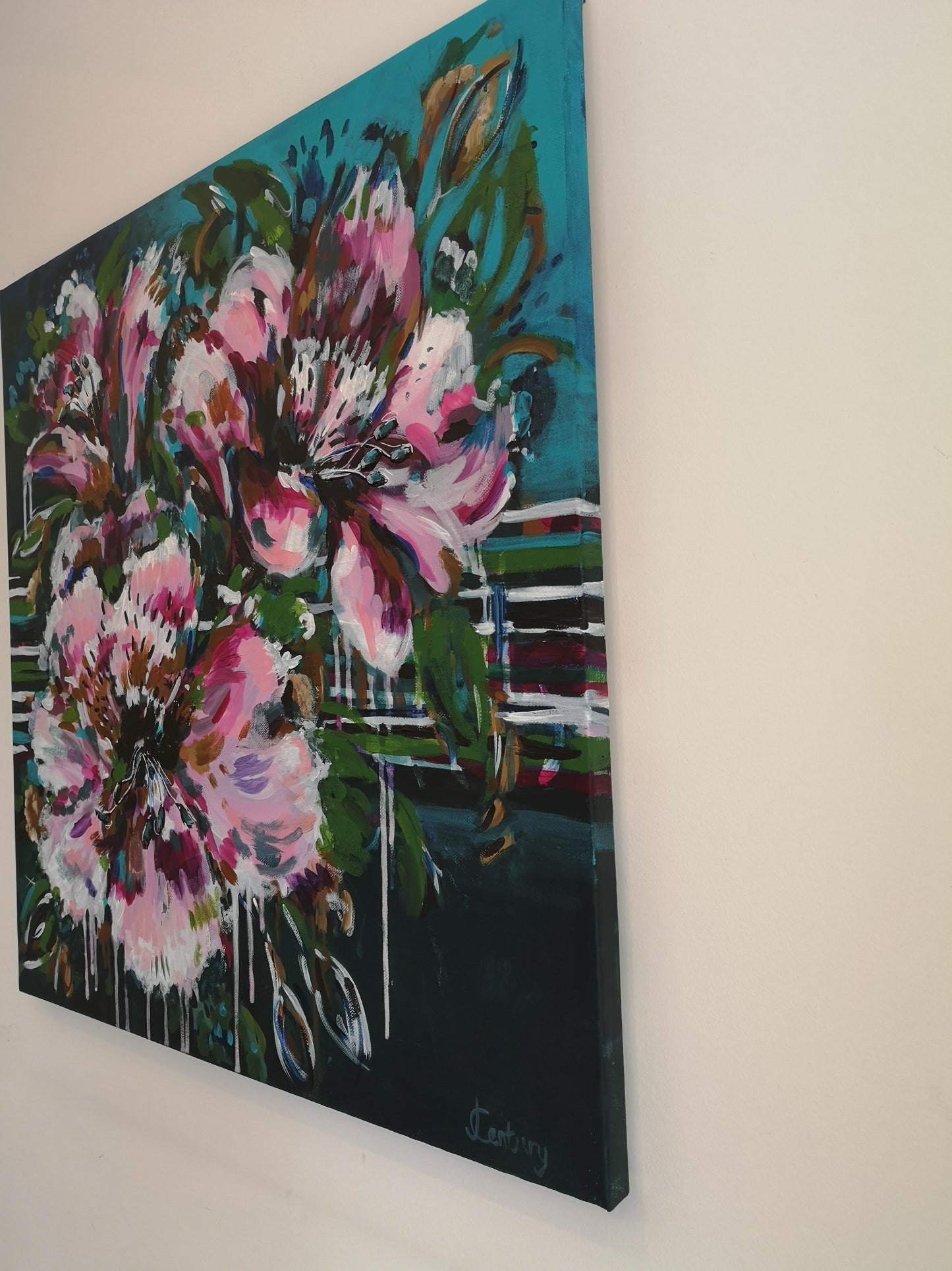 Side view of abstract flower painting 'Blooming Marvellous' by Judy Century showing the vibrant paint details wrapped around the edges.