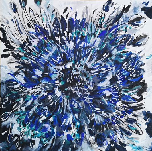 Abstract Acrylic Painting Cornflower Blue Burst Square Canvas teal black grey white sky blue, flower, bloom, floral artwork, judy century