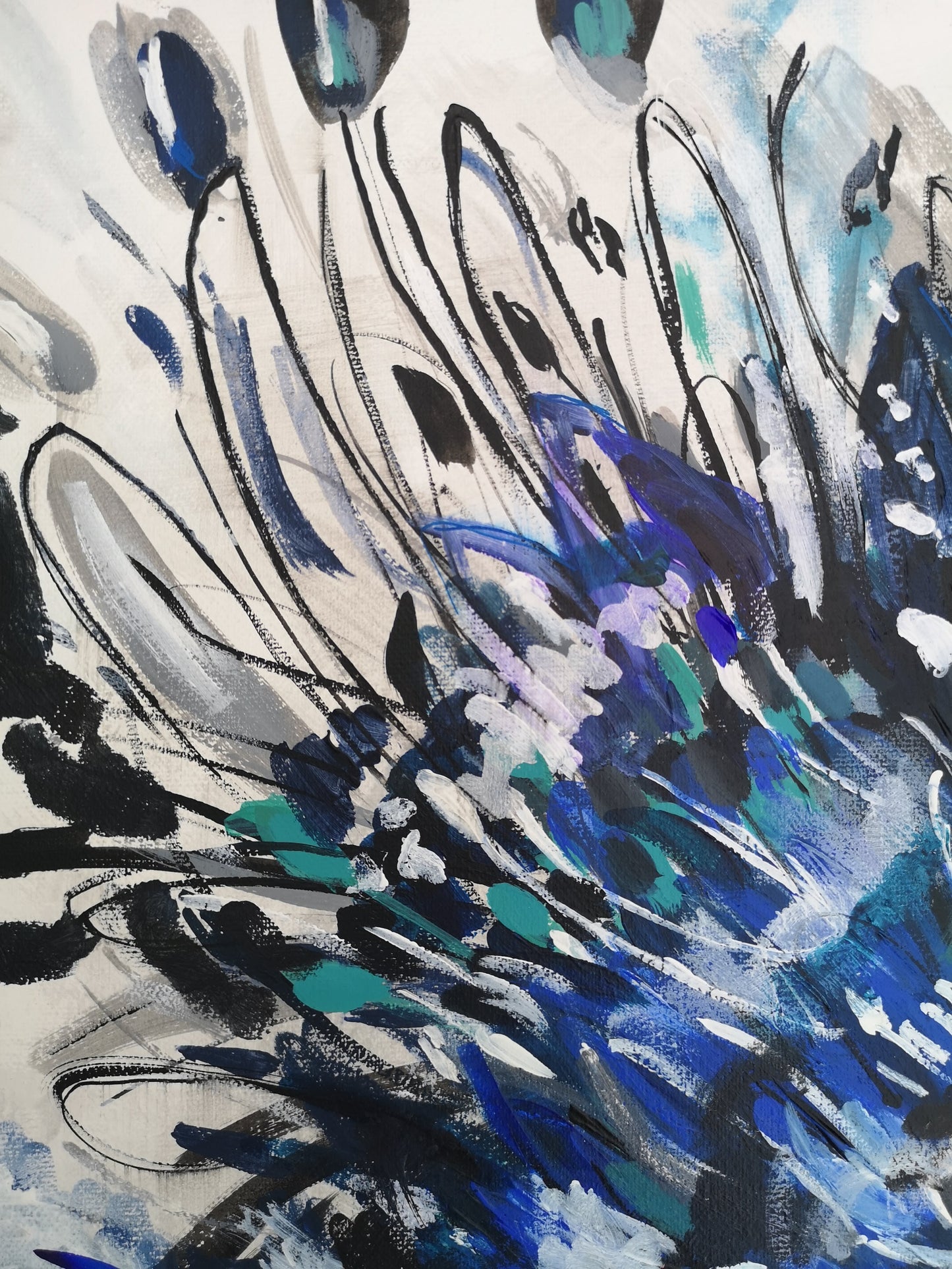 details Abstract Acrylic Painting Cornflower Blue Burst Square Canvas teal black grey white sky blue, flower, bloom, floral artwork, judy century