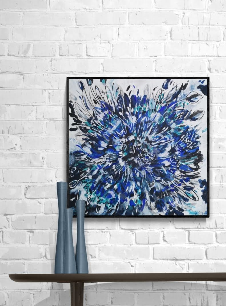 Abstract Floral Cornflower Painting in Blue and Black by Judy Century