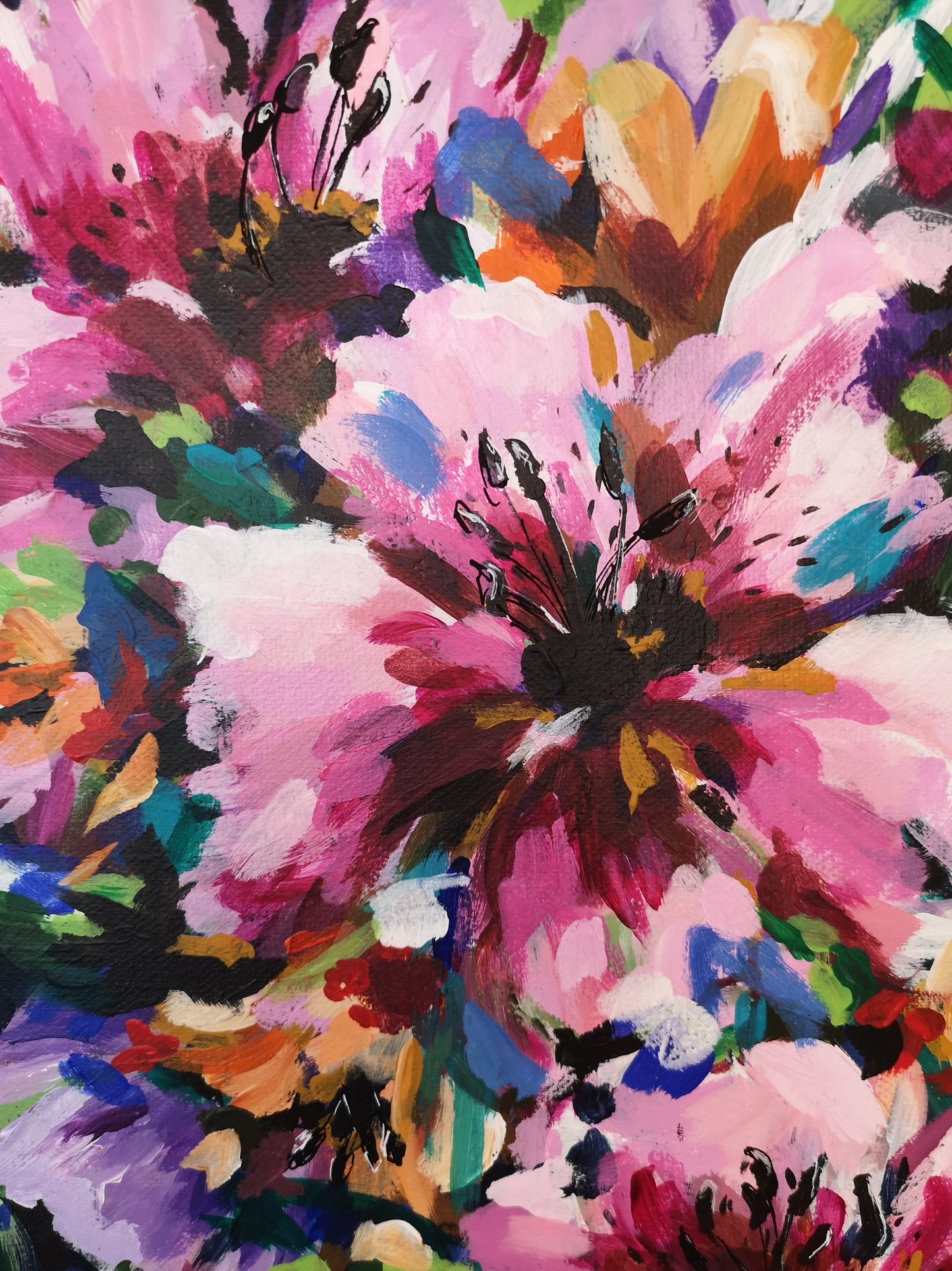 Close up detail of Bouquet Drama painting by Judy Century. Original Abstract floral canvas.