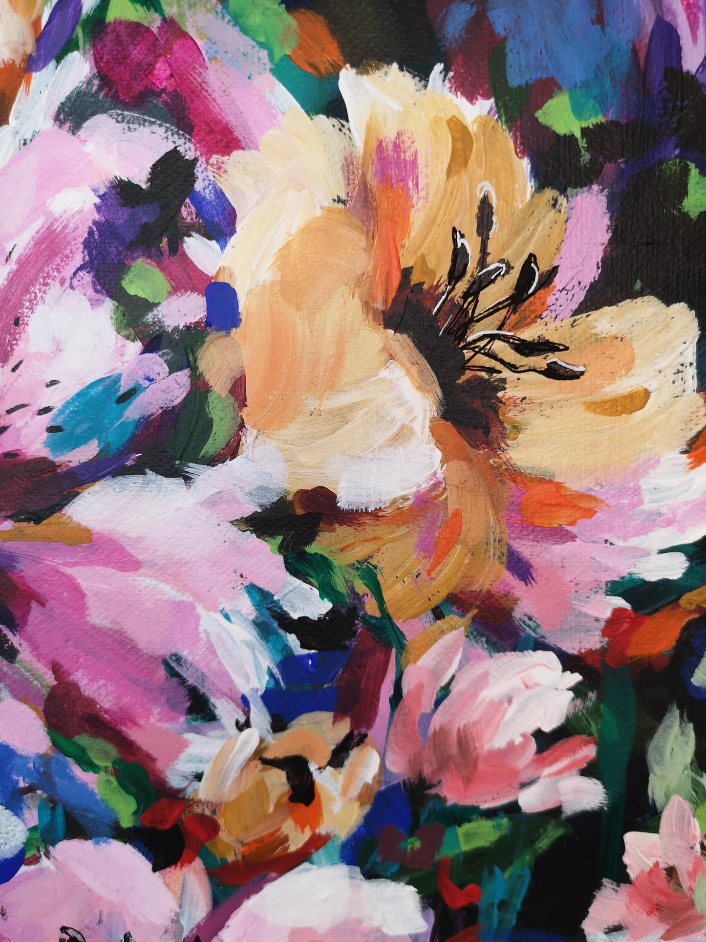 Close up detail of Bouquet Drama painting by Judy Century. Original Abstract floral canvas.