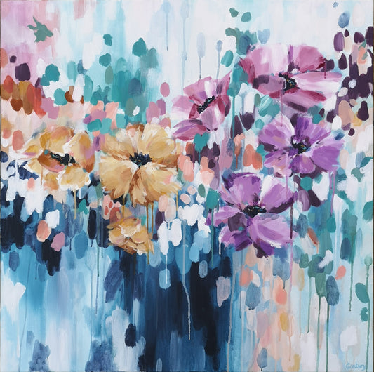 Original Abstract Floral Colourful Canvas Painting 'Breaking Free' Judy Century 80x80cm