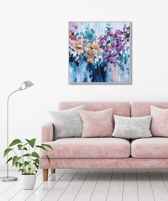 Original Abstract Floral Colourful Canvas Painting in cosy living room with pink sofa, green plants, 'Breaking Free' Judy Century 80x80cm