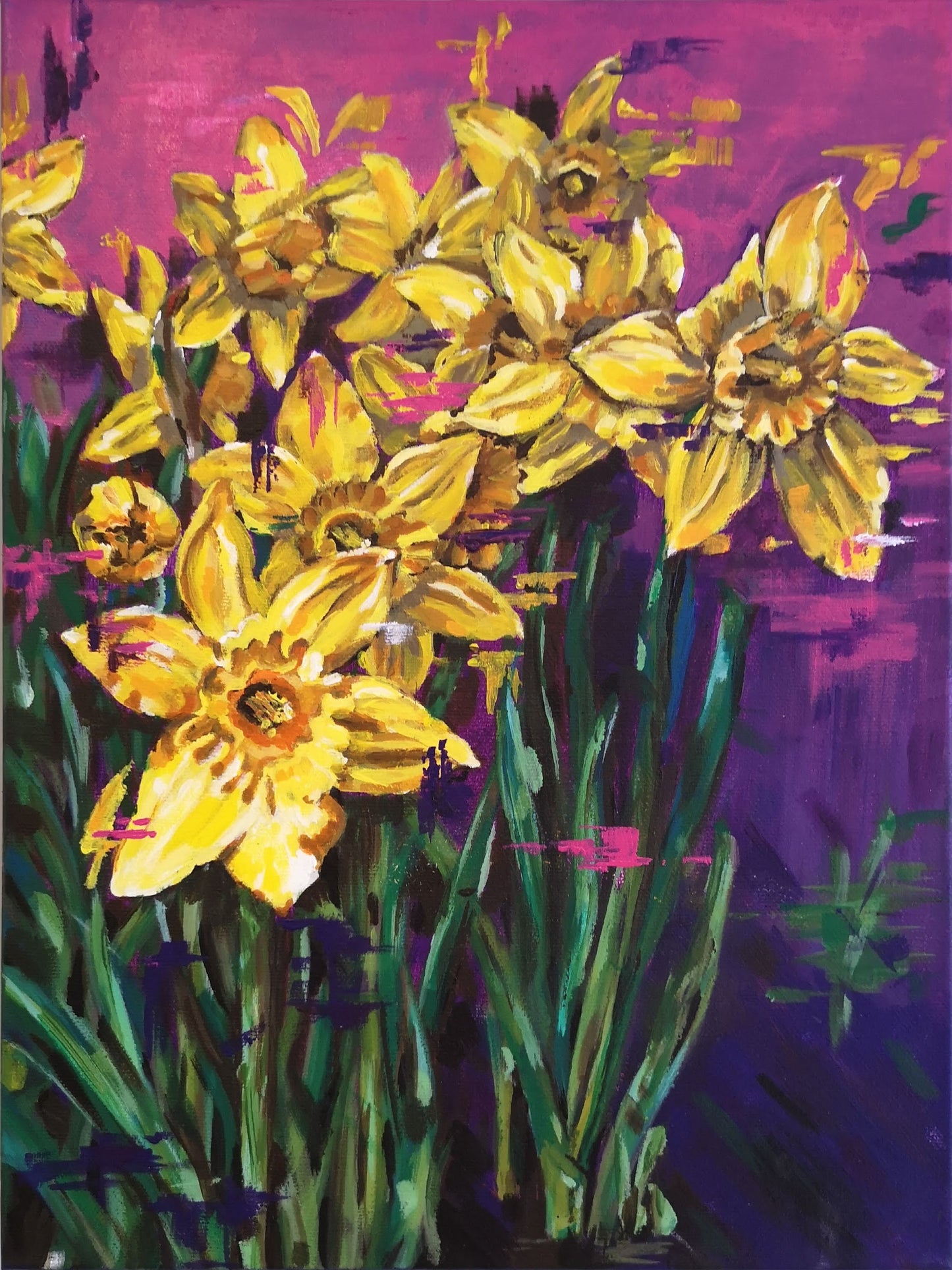 Contemporary vibrant daffodil painting by Judy Century Art. Semi Abstract painting featuring colourful yellow, purples and pinks