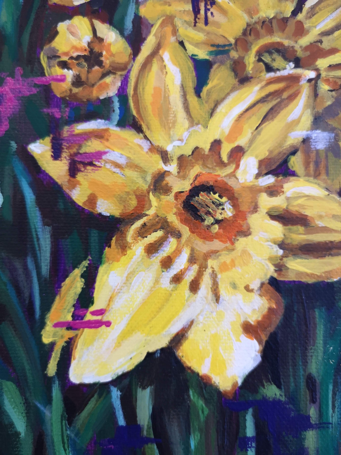 Close up details of colourful, modern daffodil flower painting by Judy Century Art