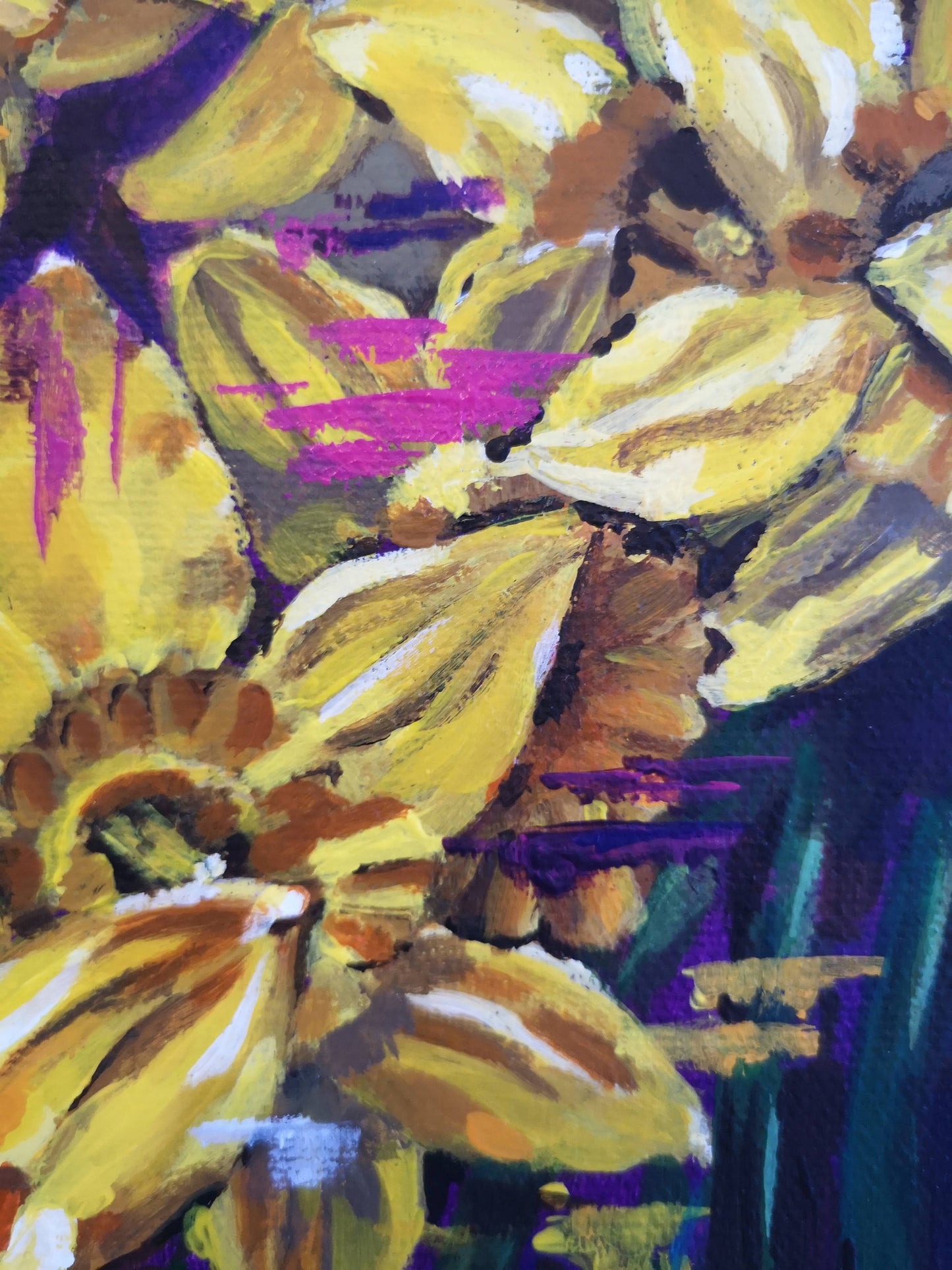 Close up details of colourful, modern daffodil flower painting by Judy Century Art